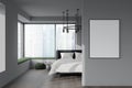 Grey bedroom interior with bed near panoramic window. Mockup poster Royalty Free Stock Photo