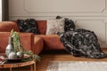 Grey and black furry pillows and blanket on brown velvet corner sofa in elegant living room