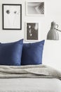 Grey blanket and navy blue cushions on bed in bedroom interior with posters and lamp. Real photo