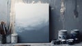 Grey and Blue Abstract Canvas Painting in Artistic Studio Royalty Free Stock Photo