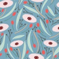 Grey Blue background with large pink round florals and light blue long leaves seamless pattern background design Royalty Free Stock Photo