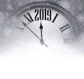 Grey blurred 2019 New Year background with clock. Greeting card. Royalty Free Stock Photo