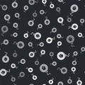 Grey Bomb ready to explode icon isolated seamless pattern on black background. Vector
