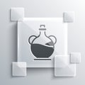 Grey Bottle of olive oil icon isolated on grey background. Jug with olive oil icon. Square glass panels. Vector