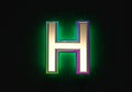 Grey brassy with colorful dichroic glass outline and green backlight alphabet - letter H isolated on dark, 3D illustration of Royalty Free Stock Photo