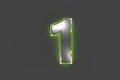 Grey brassy font with green shiny glassy outline - number 1 isolated on grey, 3D illustration of symbols Royalty Free Stock Photo