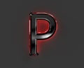 Grey brassy font with red polished reflective outline - letter P isolated on grey background, 3D illustration of symbols