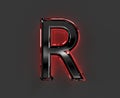 Grey brassy font with red shiny reflective outline - letter R isolated on grey, 3D illustration of symbols