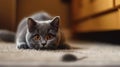 Grey British cat watches to mouse, face of cute funny pet hunting in room. Concept of food, pounce, happy anima