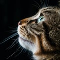 a grey and brown cat with green eyes looking up into the sky Royalty Free Stock Photo