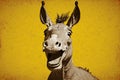 grey brown funny laughing horse with big ears on yellow background Royalty Free Stock Photo