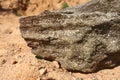 Grey brown sparky mineral stone close up on sand in sun light