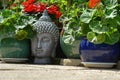 Grey Buddha head amongst garden plants Royalty Free Stock Photo