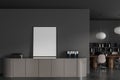 Grey business interior with sideboard and meeting area with table. Mockup frame