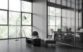 Grey business room interior with chill area, meeting board and panoramic window