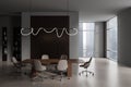 Grey business room interior with meeting board and chairs, panoramic window Royalty Free Stock Photo