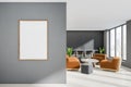 Grey cafe interior with couch and bar chairs near window. Mockup frame Royalty Free Stock Photo