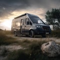 Grey camper van with sunlight and trees in forest created using generative ai technology Royalty Free Stock Photo
