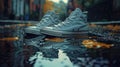 Grey Canvas Sneakers Reflecting in a Rainy City Street