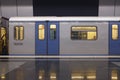 Grey carriage with blue doors in Moscow metropolitan, Lomonosovsky prospect station. Interior view. Royalty Free Stock Photo