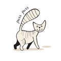 Grey cartoon tabby cat walks and purrs. Vector illustration.