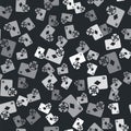 Grey Casino chip and playing cards icon isolated seamless pattern on black background. Casino poker. Vector Royalty Free Stock Photo