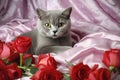 Grey Cat Amongst Red Roses on Silk Royalty Free Stock Photo