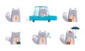 Grey Cat Businessman Character in Tie Driving Car and Standing with Briefcase Vector Set