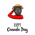 Grey cat. Canada day card. Cat wearing in form of the Royal Canadian Mounted Police. Cute pet portrait. Greeting card. Vector.