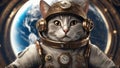 grey cat with eyes a steampunk, Cat astronaut in space on background of the globe Royalty Free Stock Photo