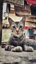 A Grey Cat lying down on floor and watching camera