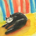 The grey cat is in the room. Drawing in ink and watercolor Royalty Free Stock Photo