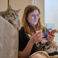 Grey cat watching TV on the sofa next to a woman, close-up portrait Royalty Free Stock Photo