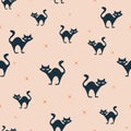 Grey cats and stars halloween seamless repeat pattern.October holidays print. Vector