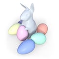 Grey Ceramic Easter Bunny With Colorful Pastel Eggs Illustration