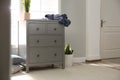 Grey chest of drawers near window in room interior