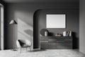 Grey chill room interior with armchair and dresser with decor, mockup frame