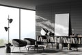 Grey chill room interior with armchairs and panoramic window. Mockup frame Royalty Free Stock Photo