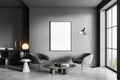 Grey chill room interior with two seats and shelf with window. Mockup frame Royalty Free Stock Photo
