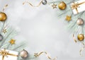 Grey Christmas background with border of pine tree, gift boxes, gold stars, ribbons, decorative ball. Royalty Free Stock Photo