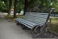 Grey city bench in the summer park