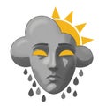 Grey Cloud Face with Rain and Yellow Sun Symbolizes Mixed Weather Royalty Free Stock Photo