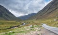 Glen Etive, with road and river running through the Munros. Royalty Free Stock Photo