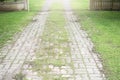 Grey cobblestone concrete walkingpath toward to the opened door with grass on the sides