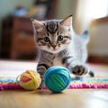 Grey color kitten playing with wool ball Royalty Free Stock Photo