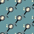 Grey colored breakfast dishware seamless pattern. Omelette brunch print on pale turquoise background. Food backdrop Royalty Free Stock Photo