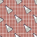 Grey colored cartoon chemical flask elements. Seamless pattern with pale maroon chequered background Royalty Free Stock Photo