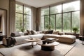 Grey corner sofa against big window. Minimalist interior design of modern living room in country house in forest. Created with Royalty Free Stock Photo