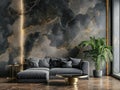 grey couch and plant in front of an abstract wall Royalty Free Stock Photo