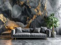 grey couch and plant in front of an abstract wall Royalty Free Stock Photo